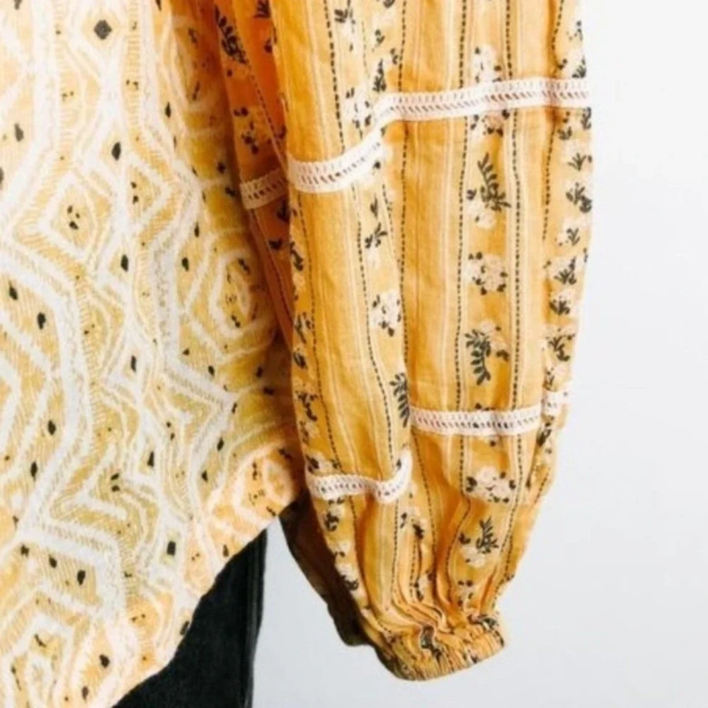 Free People Mustard Yellow Boho Floral Geometric Ruffle Puff Sleeve Blouse Large